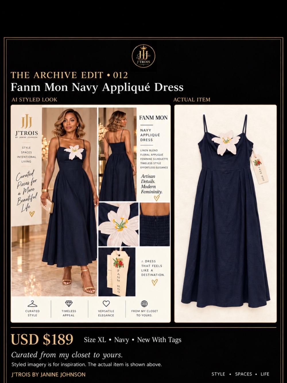 Fanm Mon Navy Floral-Appliqué Midi Dress